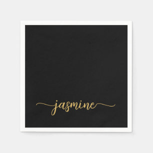 Girly Minimalist Simple Black Gold Monogram Script Napkin