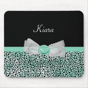 Girly Mint Cheetah Print Cute Rose Bow and Name Mouse Pad
