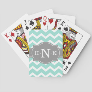 Girly Mint Chevron Grey Monogram Playing Cards