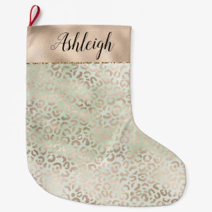 Girly Mint Glam Gold Leopard Print Watercolor Large Christmas Stocking