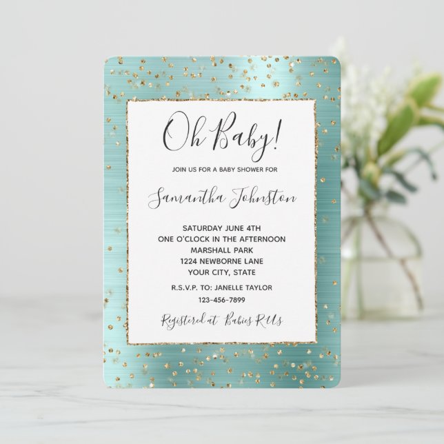 Girly Mint Glam Gold Sparkle Confetti Baby Shower Invitation (Standing Front)