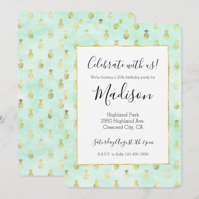 Girly Mint Glam Gold Tropical Pineapples inspirati Invitation (Front/Back)