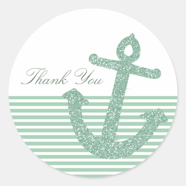 Girly Mint Glitter Anchor Classic Round Sticker (Front)