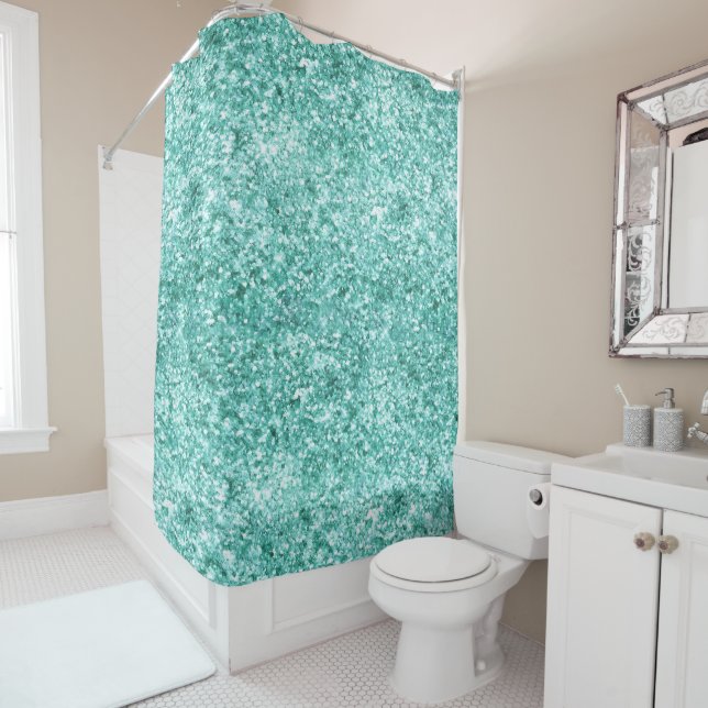 Girly Mint Glitter Confetti Shower Curtain (In Situ)