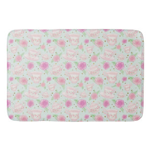 Girly Mint Gold Floral Tea Party Pattern Bath Mat
