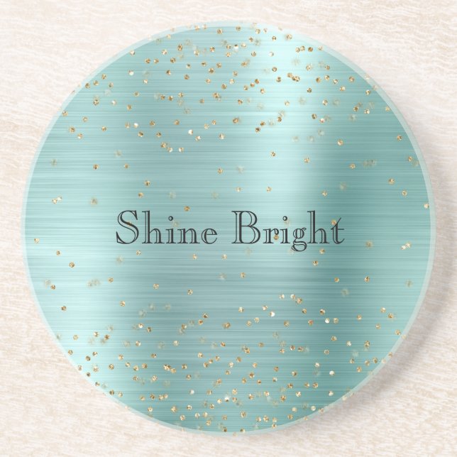 Girly Mint Gold Glam Sparkle Confetti Coaster (Front)