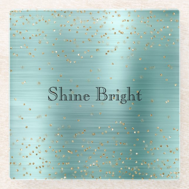 Girly Mint Gold Glam Sparkle Confetti Glass Coaster (Front)
