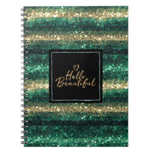 Girly Mint Gold Glitter Black Hello Beautiful Notebook