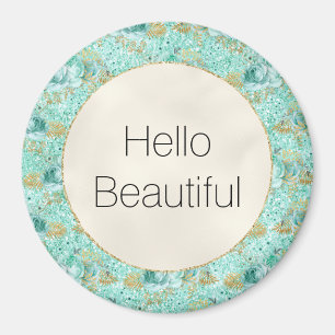 Girly Mint Gold Glitter Floral Magnet