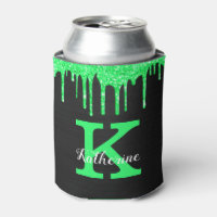 Girly Mint Green Black Glitter Drips Monogram Name