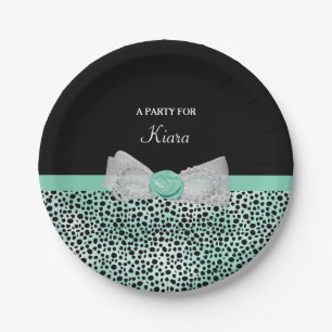 Girly Mint Green Cheetah Print Cute Bow Party Name Paper Plate
