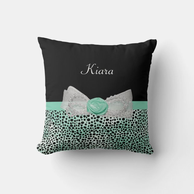 Girly Mint Green Cheetah Print Cute Bow With Name Cushion (Front)