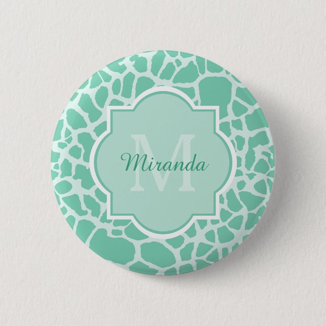Girly Mint Green Giraffe Print Monogram and Name 6 Cm Round Badge (Front)