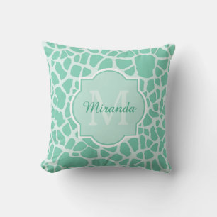 Girly Mint Green Giraffe Print Monogram and Name Cushion