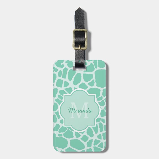 Girly Mint Green Giraffe Print Monogram and Name Luggage Tag (Front Vertical)