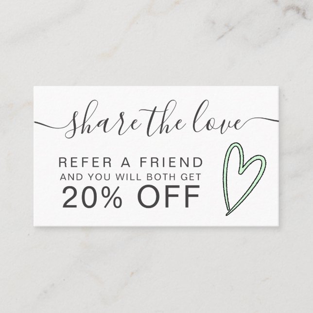 girly mint green heart script font share the love referral card (Front)