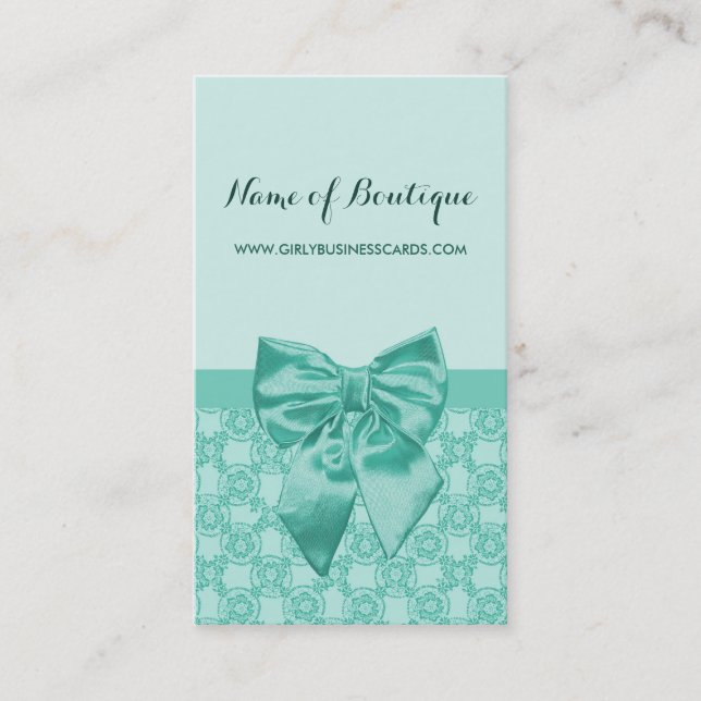 Girly Mint Green Lace Pattern Feminine Ribbon Business Card (Front)