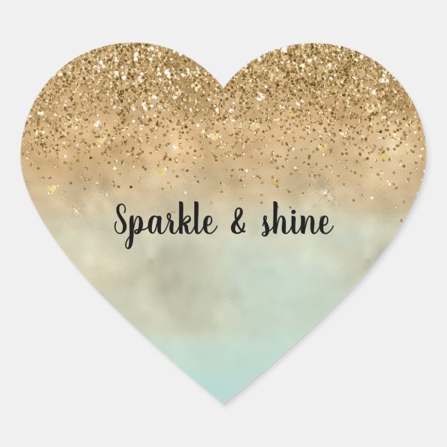 Girly Mint Ombre Watercolor Gold Glitter Hearts Heart Sticker (Front)