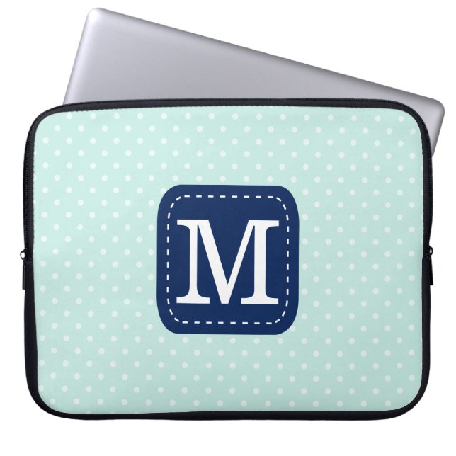 Girly Mint Polka Dots Pattern Custom Monogram Laptop Sleeve (Front)