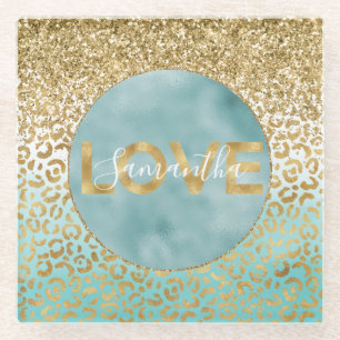 Girly Mint Watercolor Gold Leopard Print Love Glass Coaster