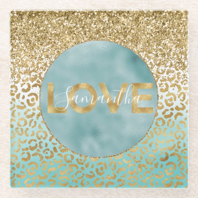 Girly Mint Watercolor Gold Leopard Print Love      Glass Coaster (Front)