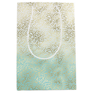 Girly Mint Watercolor Ombre Gold Leopard Print Medium Gift Bag