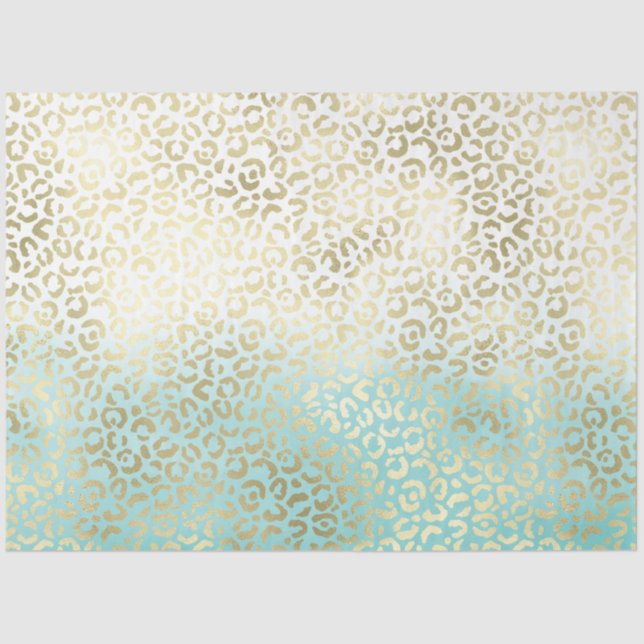 Girly Mint Watercolor Ombre Gold Leopard Print Tissue Paper (Front)