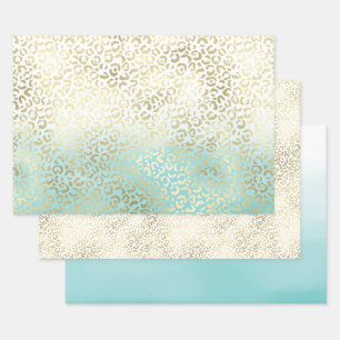 Girly Mint Watercolor Ombre Gold Leopard Print Wrapping Paper Sheet
