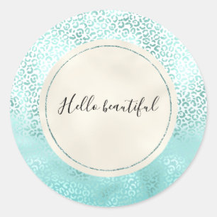 Girly Mint White Glam Ombre Leopard Print Classic Round Sticker