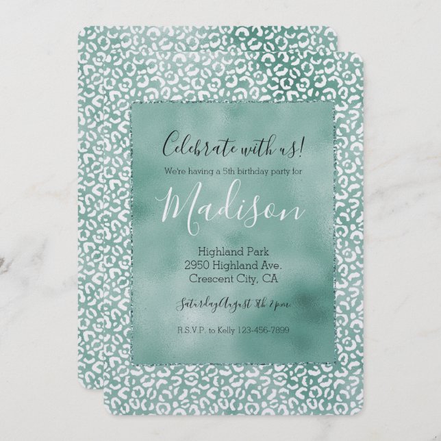 Girly Mint White Leopard Print Invitation (Front/Back)