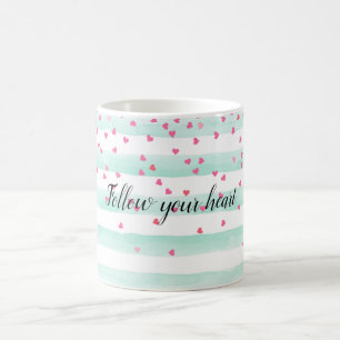 Girly Mint White Stripes Pink Confetti Hearts Coffee Mug