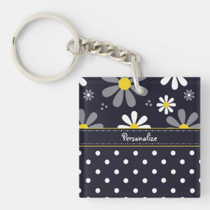 Girly Mod Daisies and Polka Dots With Name Key Ring