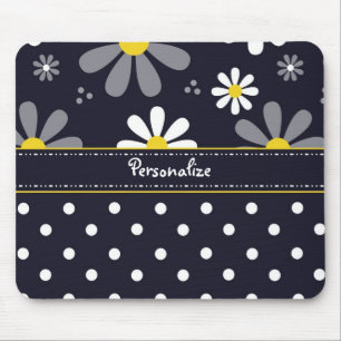Girly Mod Daisies and Polka Dots With Name Mouse Pad