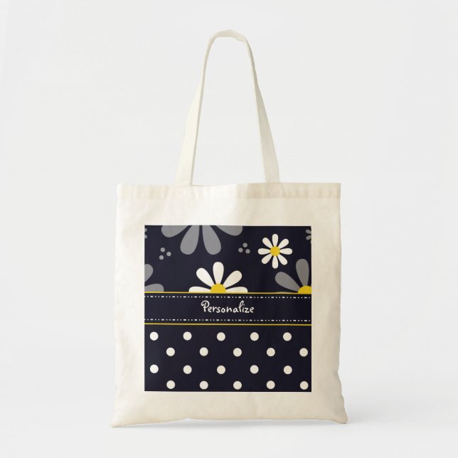 Girly Mod Daisies and Polka Dots With Name Tote Bag (Front)
