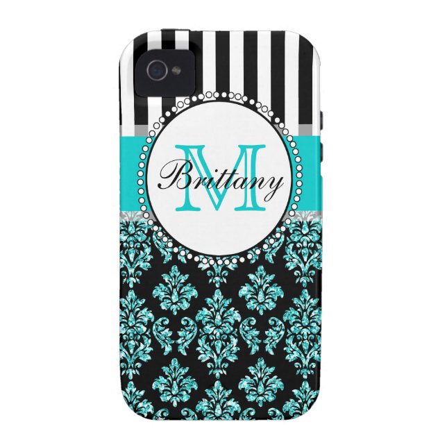 Girly Modern Aqua Teal Glitter Damask Personalised Case-Mate iPhone Case (Back)