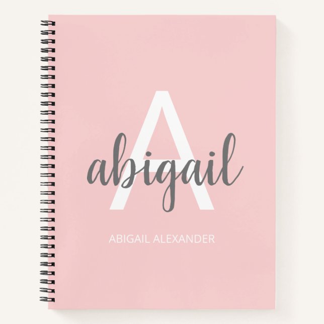 Girly Modern Blush Pink Monogram Name Notebook (Front)