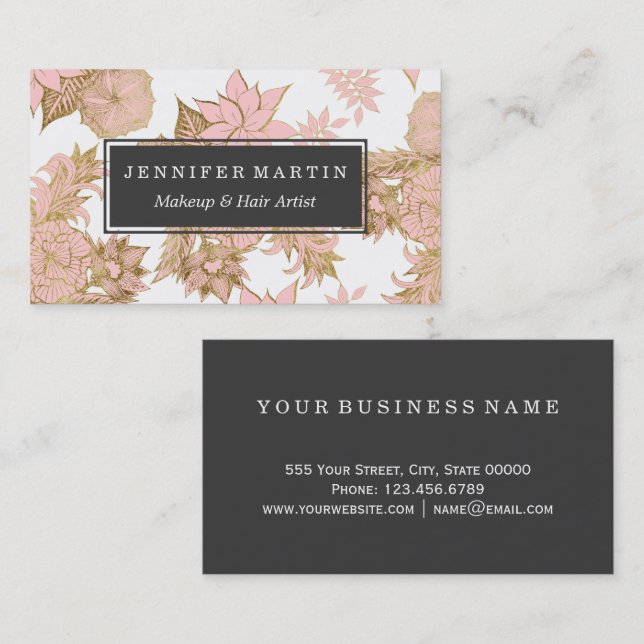 Girly Modern Blush Pink White Gold Floral Business Card (Front/Back)