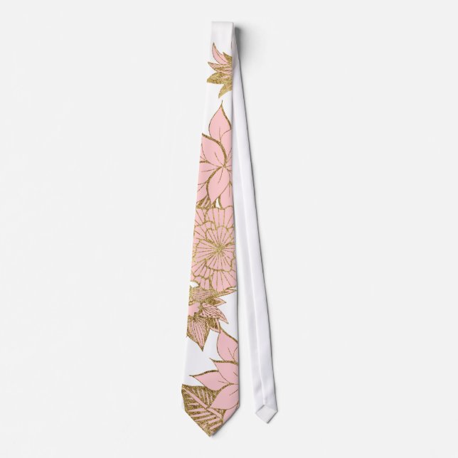 Girly Modern Blush Pink White Gold Floral Tie (Front)
