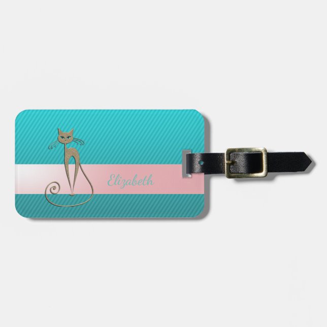Girly Modern Chic , Stripes, Cat Luggage Tag (Front Horizontal)