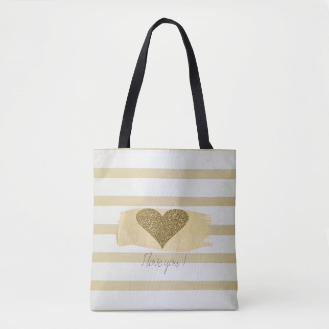 Girly Modern Gold Stripes,Glitter Heart Tote Bag (Front)