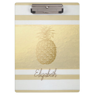Girly Modern Gold Stripes, Gold Pineapple  Clipboard