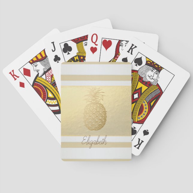 Girly Modern Gold Stripes, Gold Pineapple Playing Cards (Back)