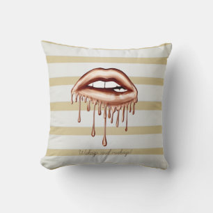 Girly Modern Gold Stripes, Metallic Dripping Lips Cushion