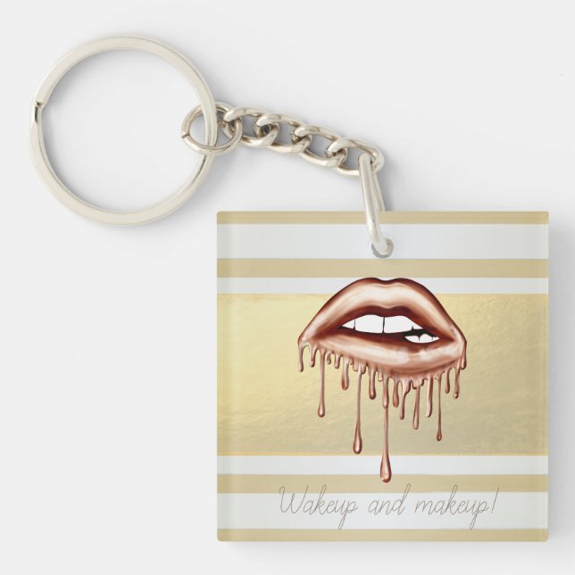 Girly Modern Gold Stripes, Metallic Dripping Lips  Key Ring (Front)