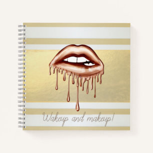 Girly Modern Gold Stripes, Metallic Dripping Lips Notebook