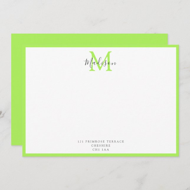 Girly Modern Lime Green Calligraphy Monogram   Not Card (Front/Back)