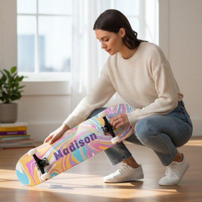 Girly Modern Marble Swirl Purple Custom Name Skateboard (Creator Uploaded)