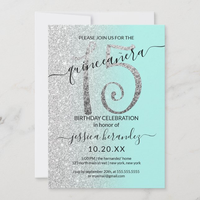 Girly Modern Mint Silver Glitter Ombre Quinceañera Invitation (Front)