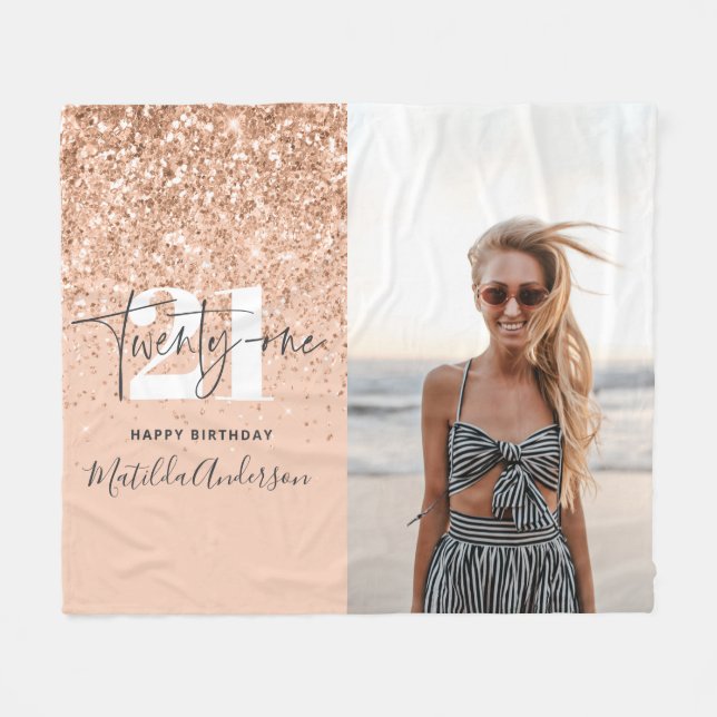 Girly modern peach glitter photo 21st birthday  fleece blanket (Front (Horizontal))