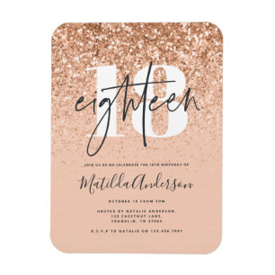 Girly modern peach glitter typography 18 birthday magnet